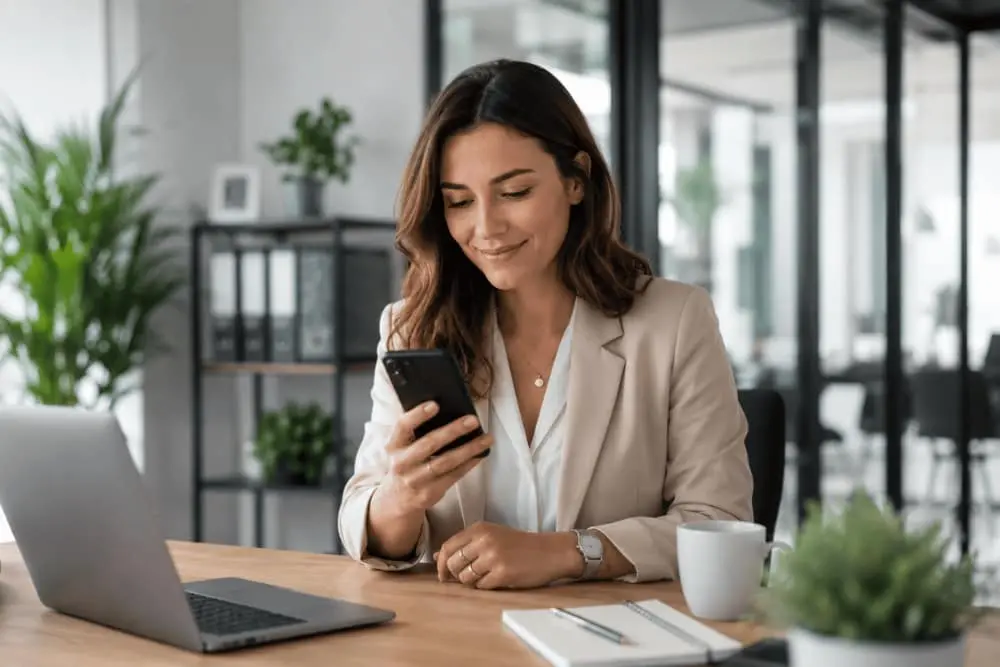 Professionnelle consultant son smartphone pour conserver son numéro fixe grâce à la portabilité téléphonique lors d'un changement d'opérateur