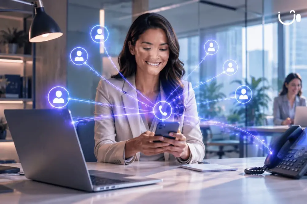 Professionnelle utilisant un numéro fixe professionnel partagé avec son équipe grâce à une solution de téléphonie cloud.