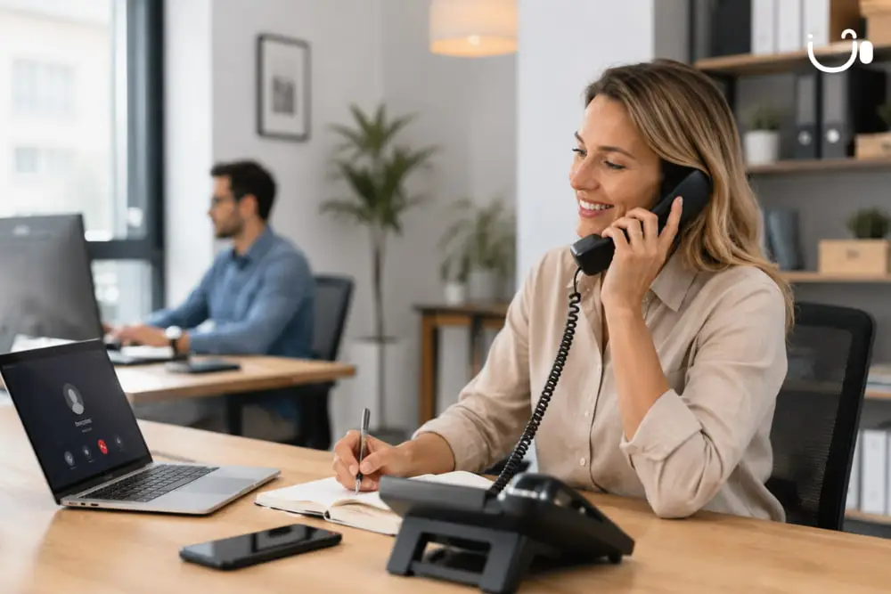 Professionnelle répondant à un appel sur un téléphone fixe tout en travaillant sur son ordinateur, illustrant l'importance d'une téléphonie d'entreprise performante.