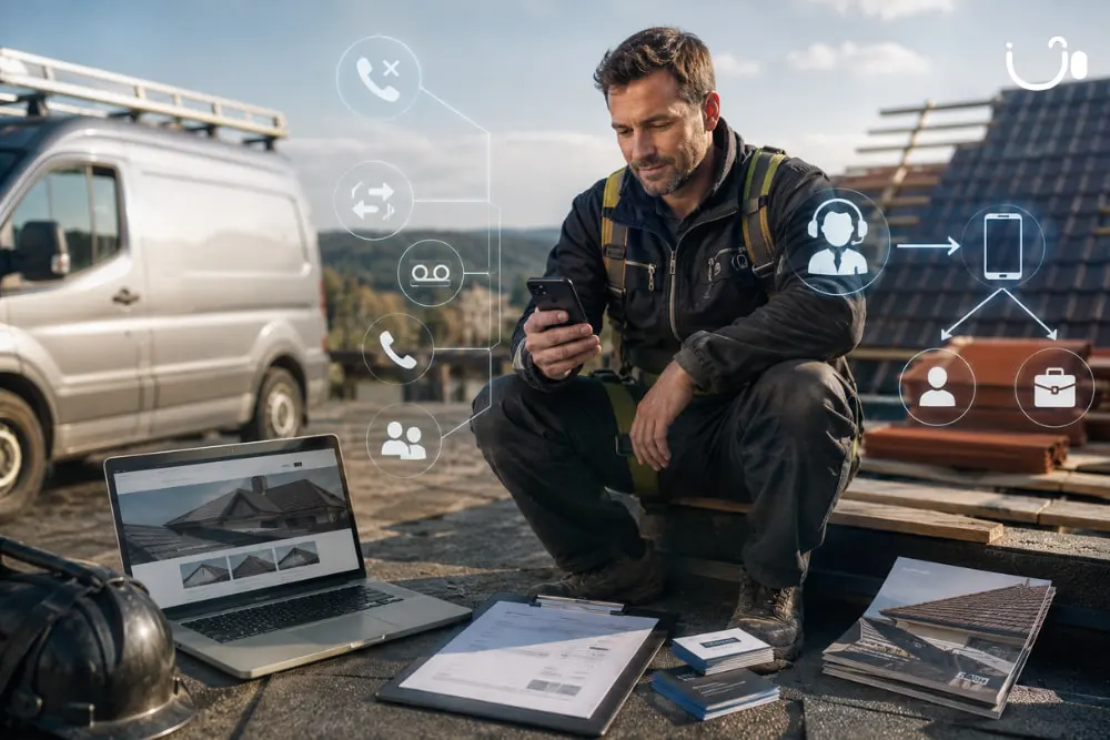 Couvreur consultant son smartphone sur un chantier, illustrant les limites d’un numéro mobile personnel pour gérer les appels professionnels.