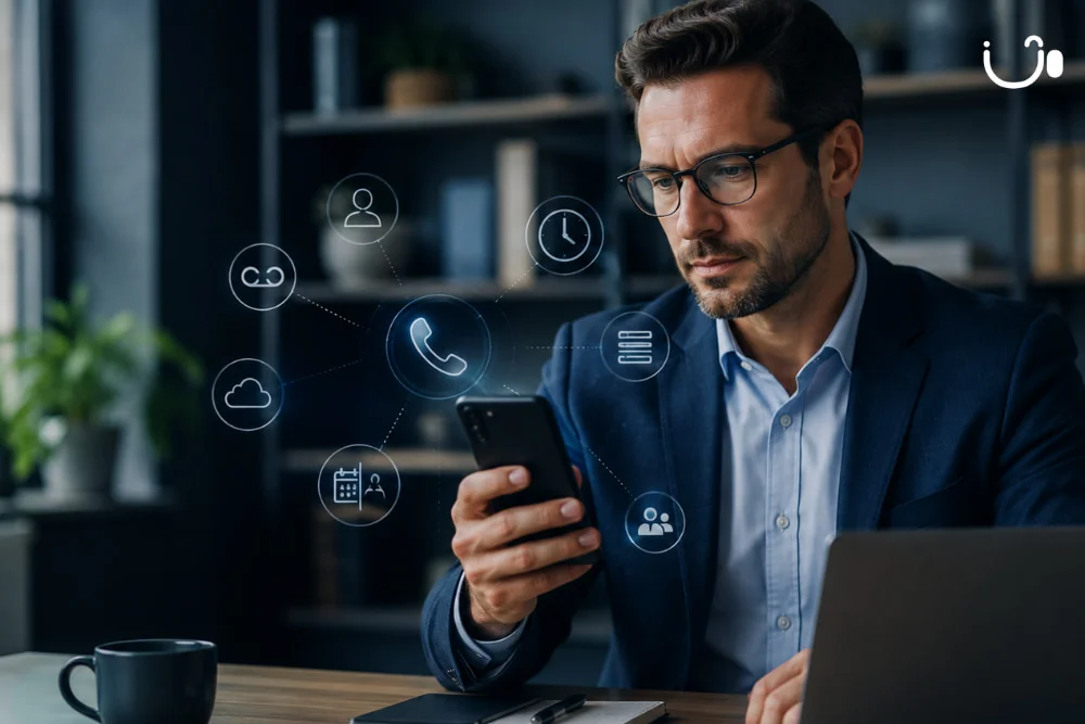 Professionnel consultant son smartphone avec des fonctionnalités de téléphonie cloud illustrant qu'une eSIM seule ne suffit pas toujours pour disposer d'un numéro fixe professionnel et d'un standard téléphonique.