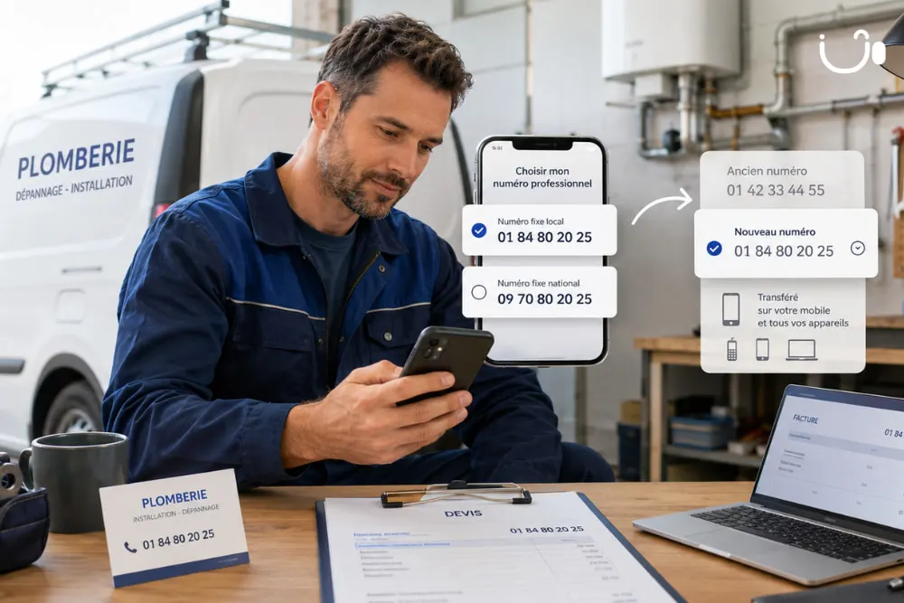 Plombier choisissant un numéro professionnel local ou en 09 et utilisant sa ligne fixe sur mobile avec iGoFlex.