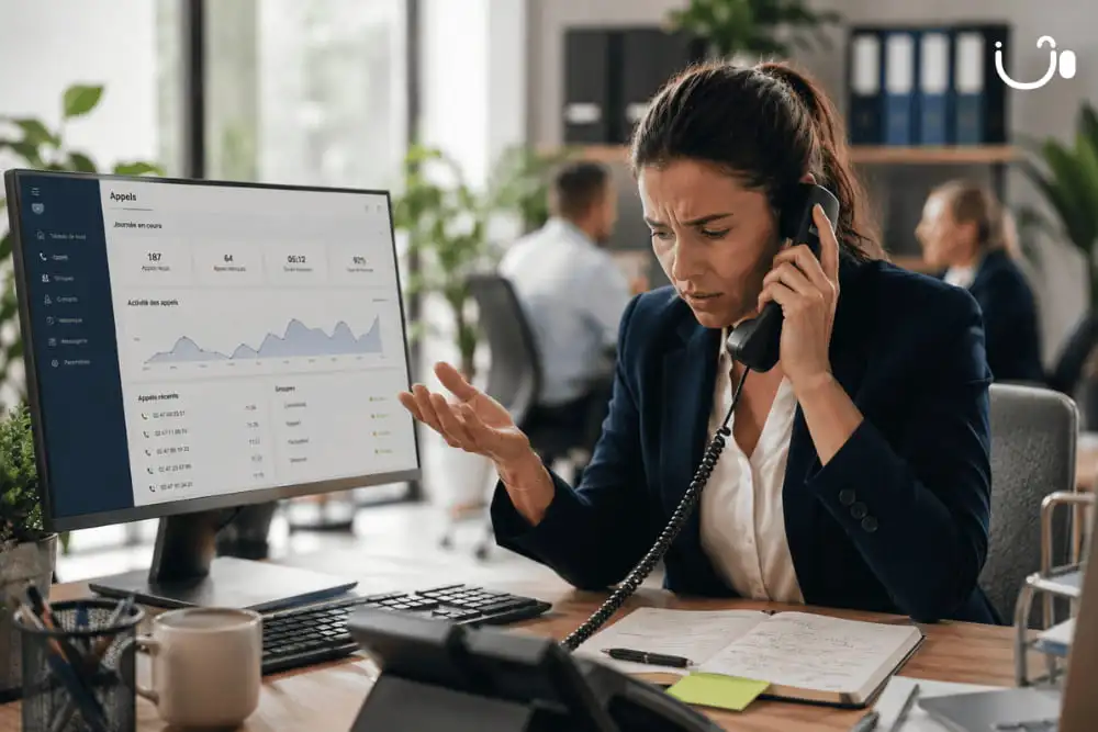 Responsable confrontée à une saturation téléphonique avec de nombreux appels manqués sur son tableau de bord de gestion des appels.