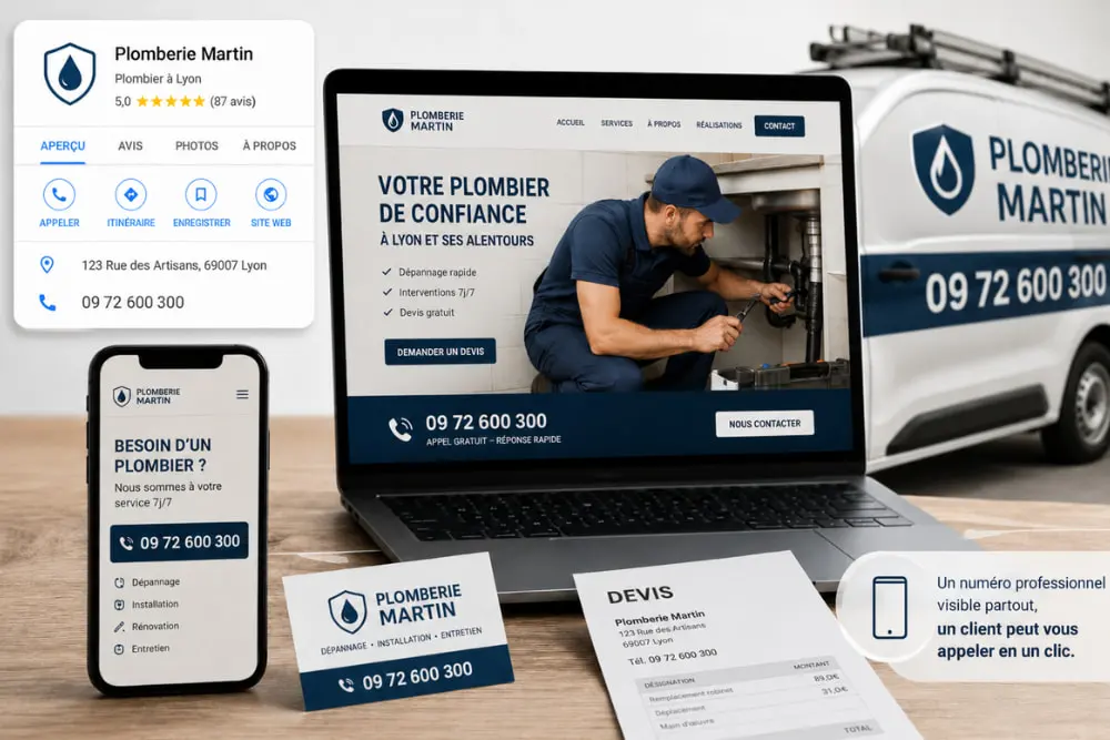 Illustration montrant un numéro professionnel de plombier affiché de manière cohérente sur Google Business Profile, un site internet, un smartphone, une carte de visite, un devis et un véhicule d'entreprise.