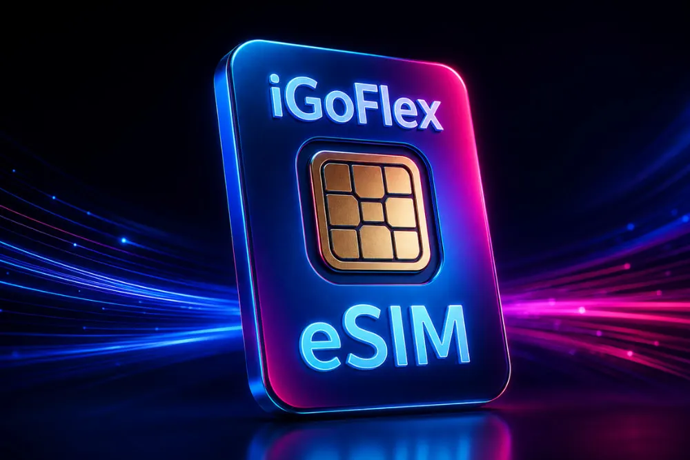 Illustration d'une carte eSIM iGoFlex représentant une solution de téléphonie professionnelle pour obtenir un numéro fixe sur smartphone et séparer les appels personnels et professionnels.