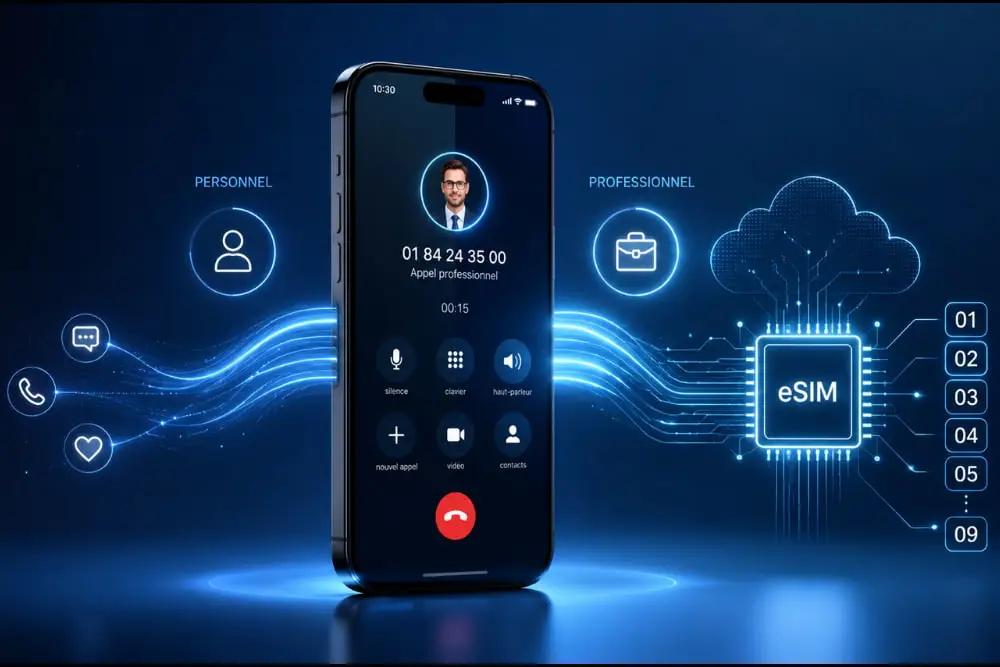 Illustration d'une eSIM professionnelle permettant d'utiliser un numéro fixe professionnel sur un smartphone tout en séparant les appels personnels et professionnels.