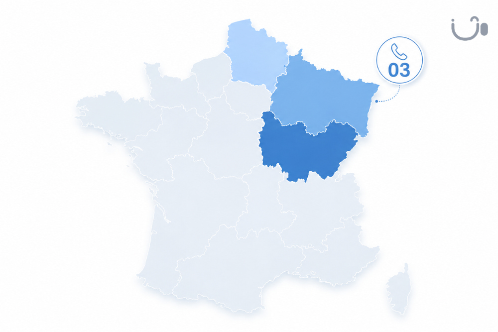 Carte de France mettant en évidence en bleu les zones historiquement associées au numéro 03, principalement dans le Nord-Est de la France.