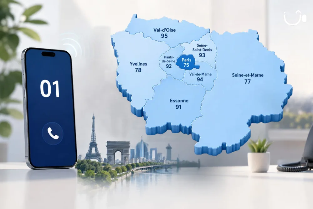 Carte de l’Île-de-France avec un smartphone et un téléphone fixe illustrant un numéro 01 historiquement associé à Paris et à la région parisienne.