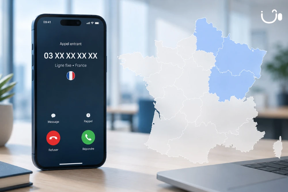 Smartphone affichant un appel entrant en 03 devant une carte de France mettant en évidence le Nord-Est, historiquement associé aux numéros 03.
