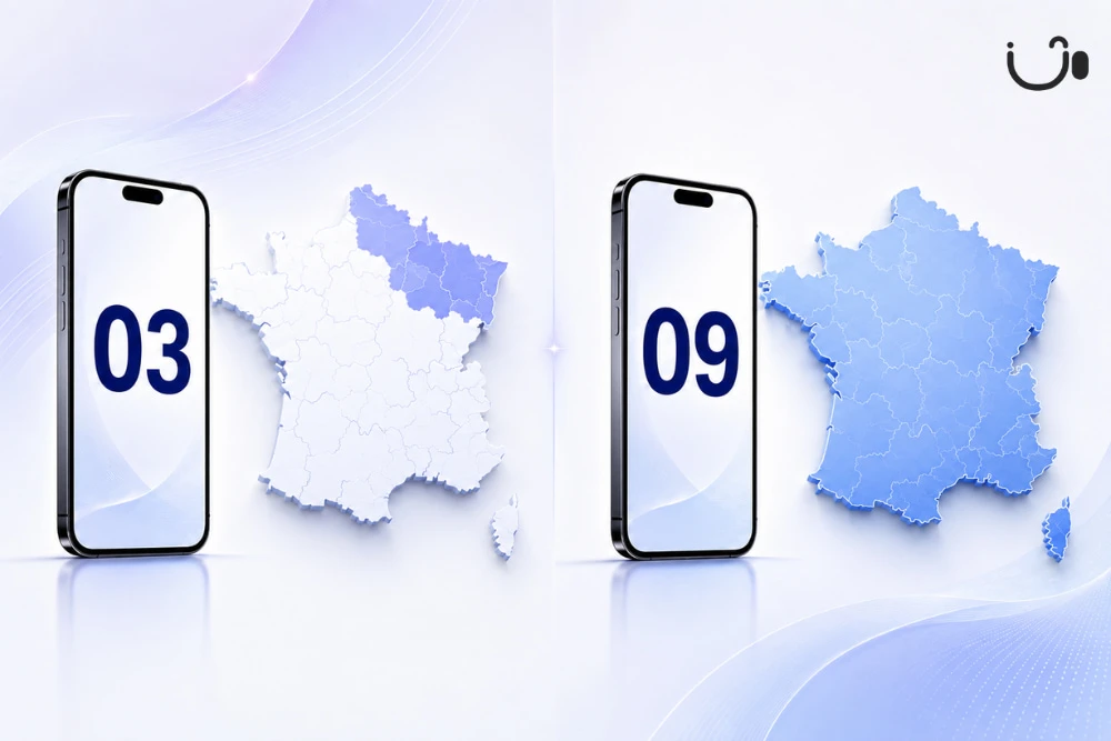 Comparaison visuelle entre un numéro 03 et un numéro 09 sur smartphone avec carte de France, pour illustrer le choix d’un numéro professionnel.