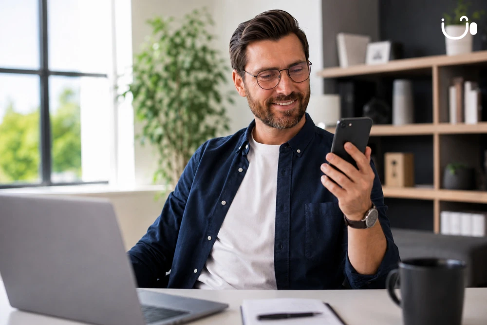 Professionnel assis à son bureau regardant son smartphone, illustrant l’usage d’un numéro 02 professionnel pour séparer les appels pro et perso.