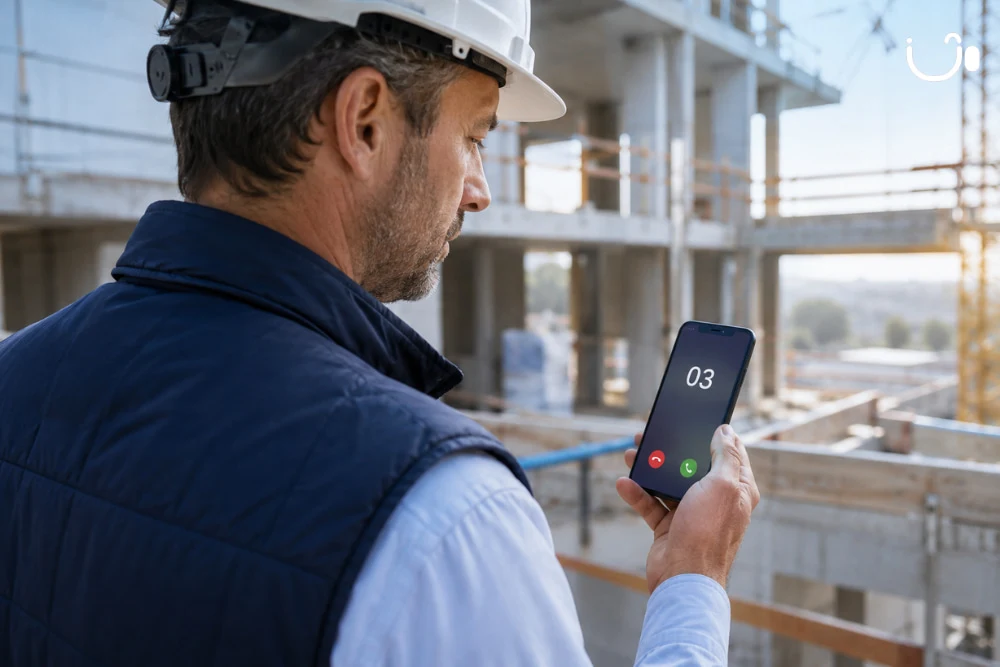 Professionnel du bâtiment sur un chantier regardant un smartphone affichant un appel avec un numéro 03, illustrant l’usage d’une ligne fixe professionnelle en déplacement.