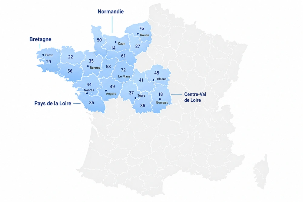 Carte de France mettant en évidence les régions historiquement associées au numéro 02 : Bretagne, Normandie, Pays de la Loire et Centre-Val de Loire.