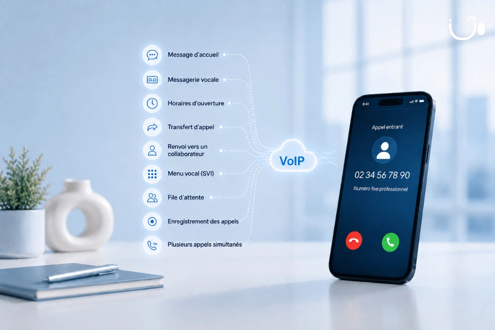 Illustration d’un numéro 02 virtuel fonctionnant en VoIP sur smartphone, avec les principales fonctionnalités de téléphonie professionnelle affichées à l’écran.