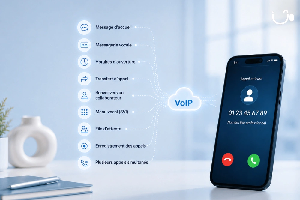 Smartphone affichant un appel entrant sur un numéro fixe professionnel 01, relié à la VoIP avec des fonctionnalités comme message d’accueil, messagerie vocale, horaires, transfert d’appel et SVI.