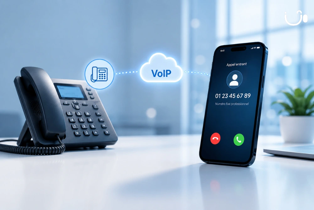 Téléphone fixe et smartphone reliés par la VoIP, illustrant un numéro 01 fixe utilisé depuis une application mobile.